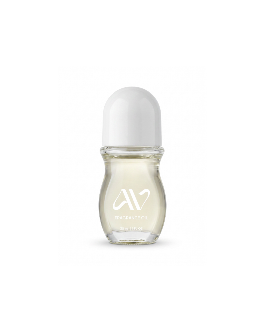 Auravlla FANCY LOVE fragrance oil in a clear glass roll-on bottle with a white cap against a white background.
